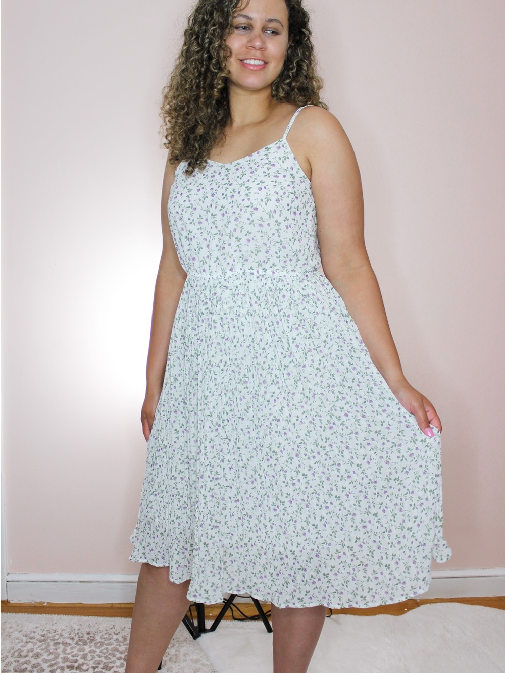 Floral Spaghetti-Strap Midi Dress in Light Green